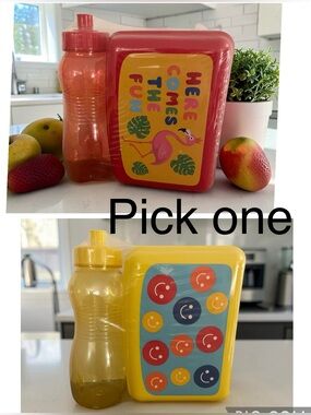 Plastic Food Container & Matching Water Bottle Set - pick pink or yellow set!